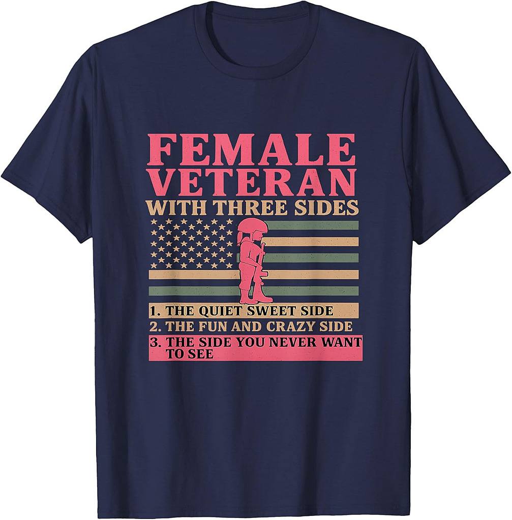 Female Veteran with Three Sides Women Veteran Mother Grandma T-Shirt