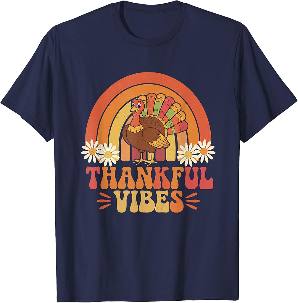 Retro Vintage Thankful Vibes Turkey Rainbow Thanksgiving T-Shirt