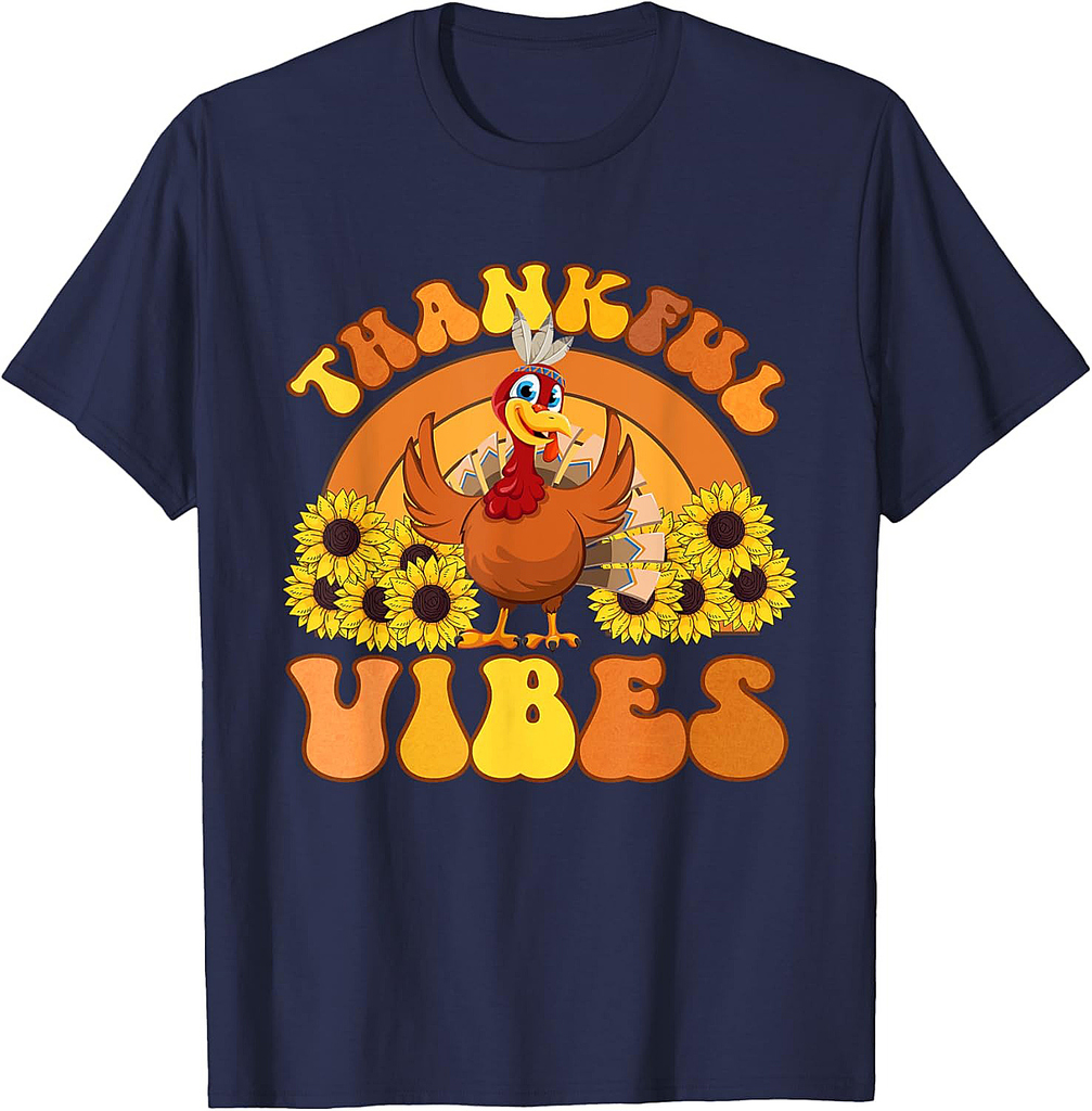 Retro Thankful Vibes Autumn Groovy Thanksgiving Turkey 02 T-Shirt