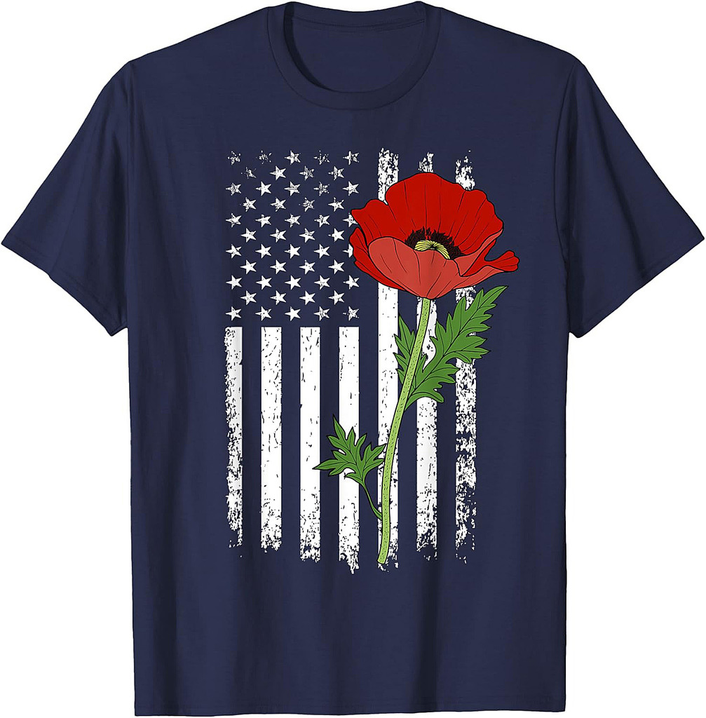 Memorial Day Red Poppy American Flag Veteran Military T-Shirt