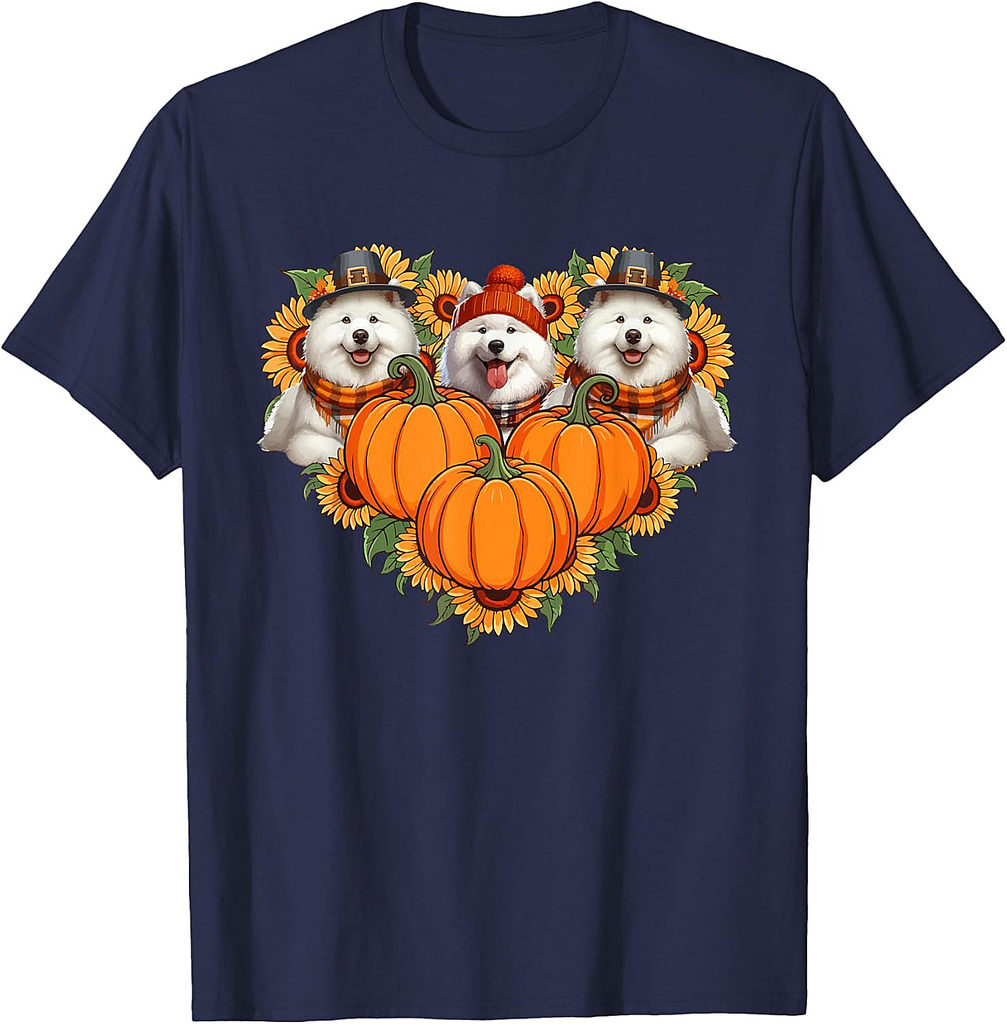 Three Cute Samoyeds Thanksgiving Pilgrim Fall Sunflowers T-Shirt