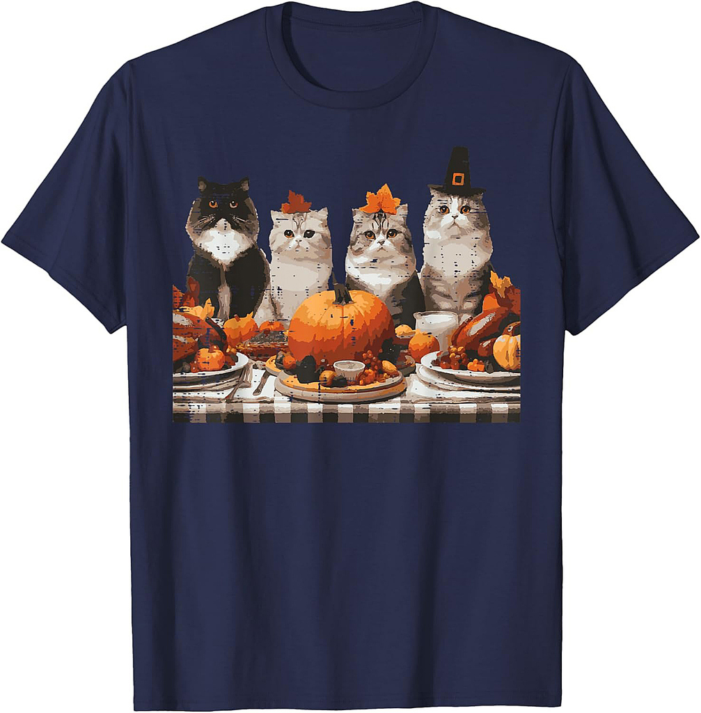 Thanksgiving Cats Dinner Feast Vintage Fall Men Women T-Shirt