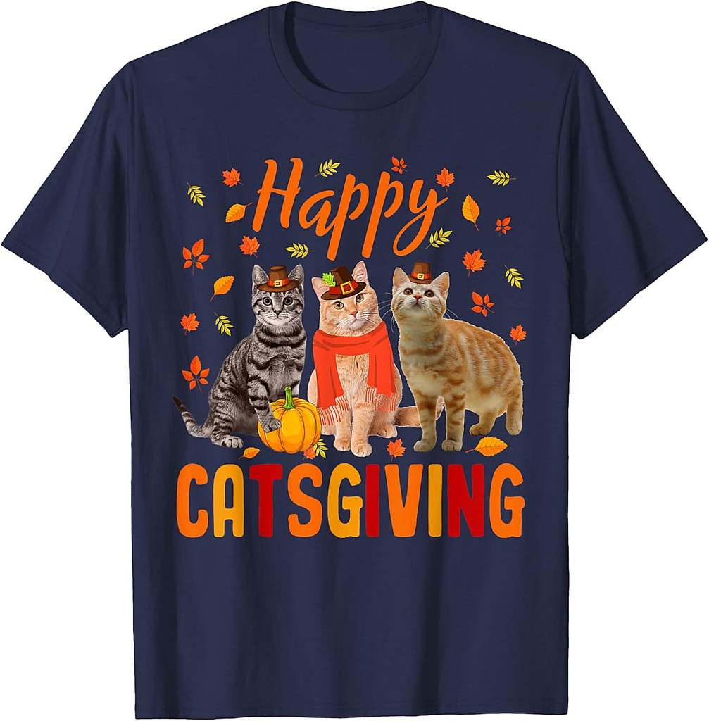 Happy Catsgiving Cute Thanksgiving Cat Wears Pilgrim Hat T-Shirt