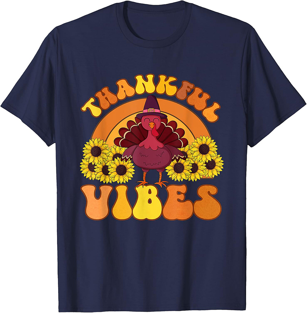 Retro Thankful Vibes Autumn Groovy Thanksgiving Turkey 001 T-Shirt