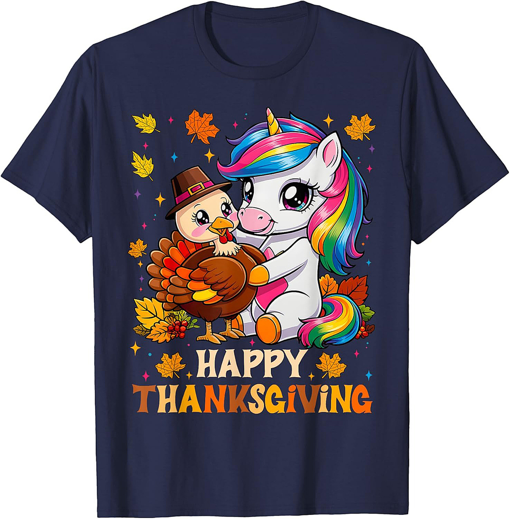 Cute Unicorn Hugs Turkey Happy Thanksgiving Girls Women T-Shirt