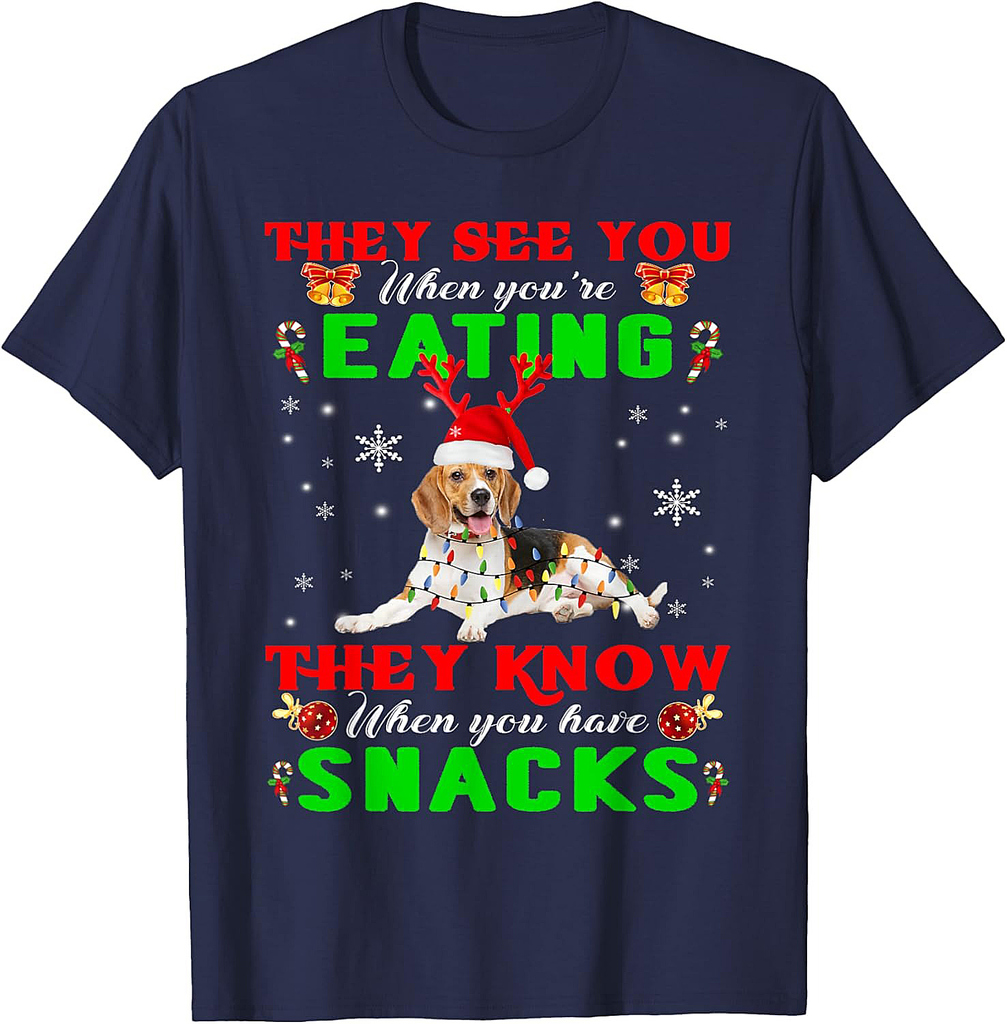 They See You Eating Christmas Reindeer Santa Beagle T-Shirt