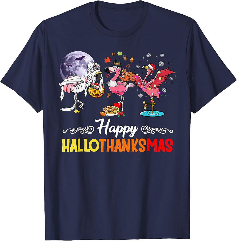 Flamingo Happy HalloThanksmas Funny Halloween Thanksgiving T-Shirt