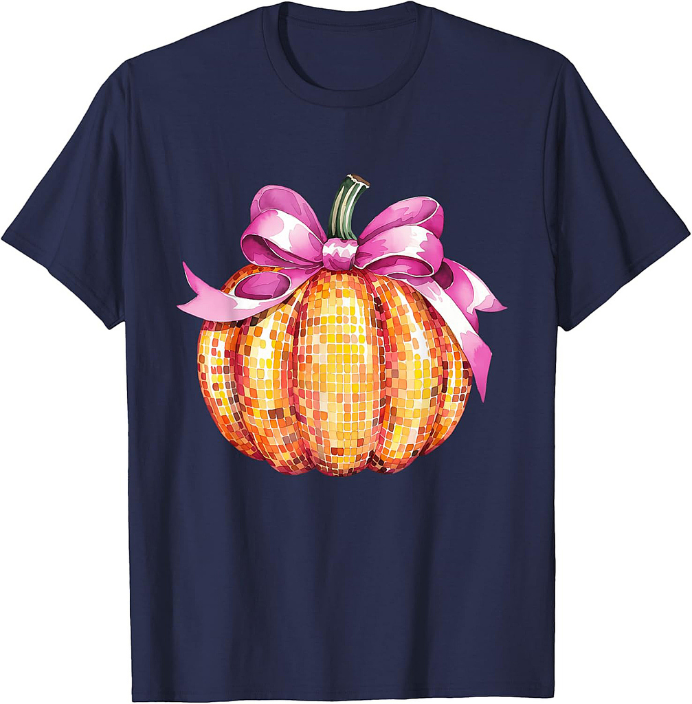 Retro Coquette Pumpkin Pink Bow Fall Thanksgiving Women Girl T-Shirt