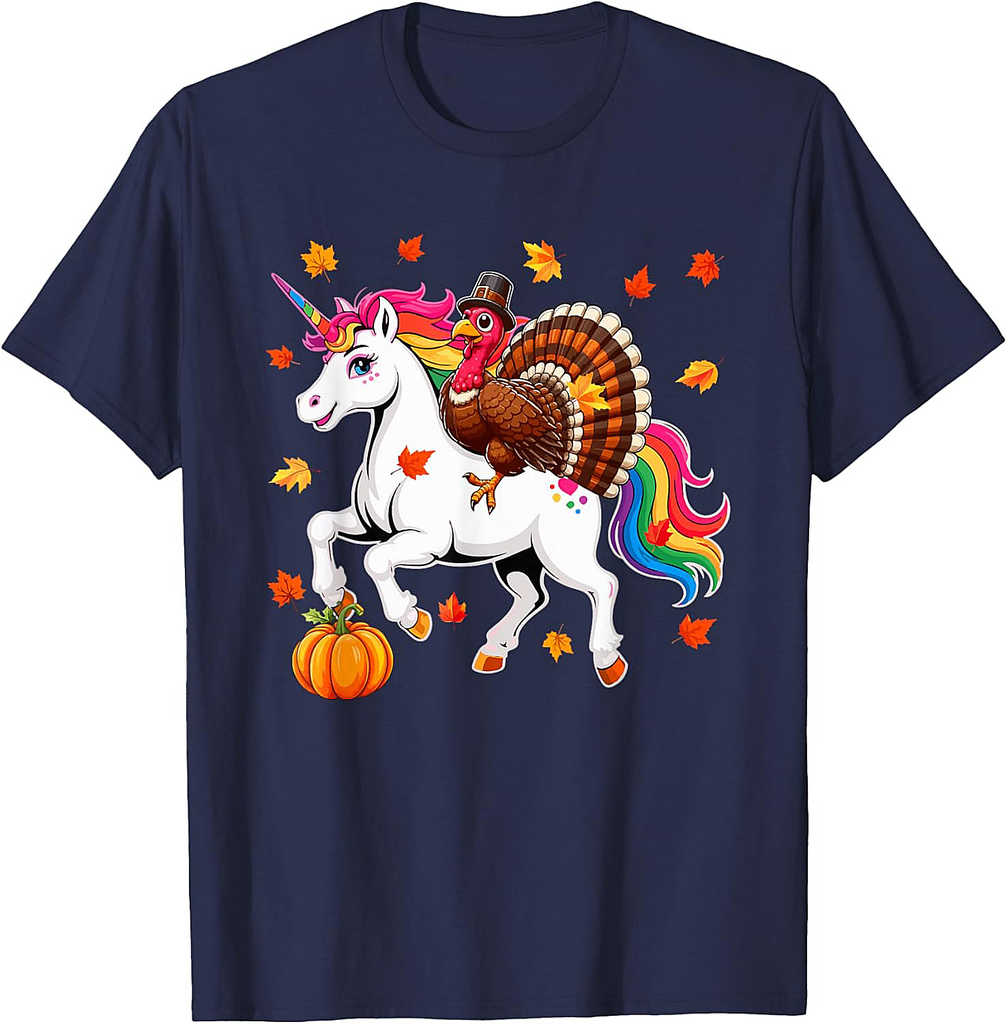 Turkey Riding Unicorn Thanksgiving Fall Leaves Pumpkin Lover T-Shirt