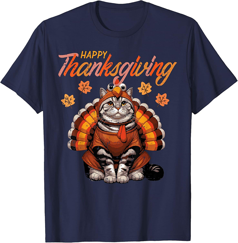 Happy Thanksgiving Cat Turkey Day Fall Women Girls Men T-Shirt