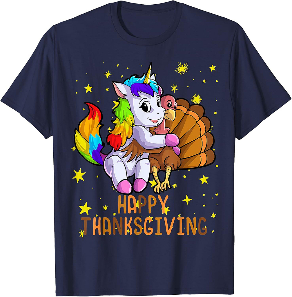 Cute Unicorn Hugs Turkey Happy Thanksgiving Girls T-Shirt