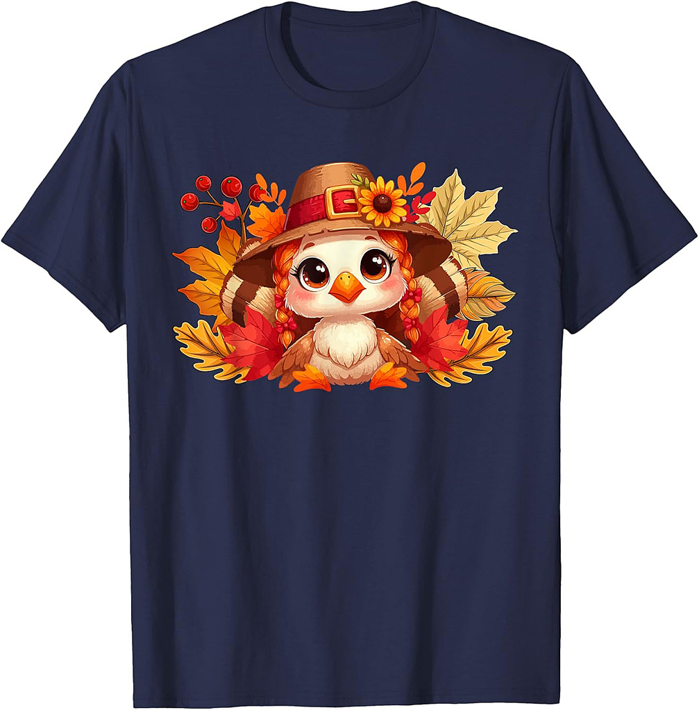 Cute Turkey Costume Girl Thanksgiving Fall Leaves Floral T-Shirt