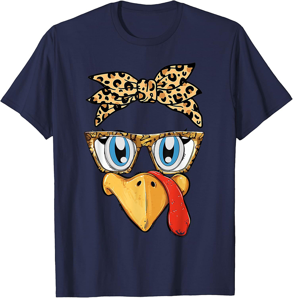 Thanksgiving Turkey Face Leopard Print Glasses Women Girls T-Shirt