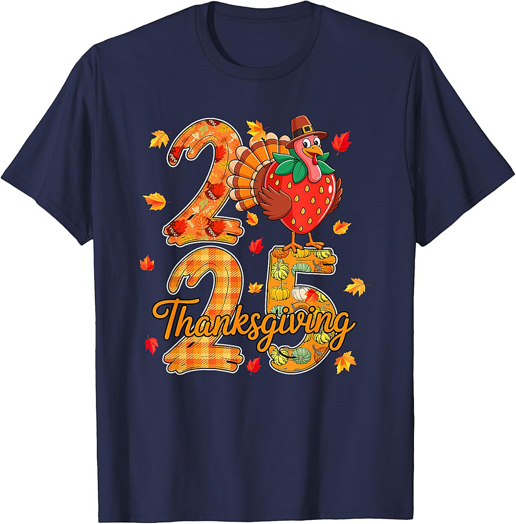 Thanksgiving 2025 Cute Turkey As Strawberry Vegan Autumn T-Shirt