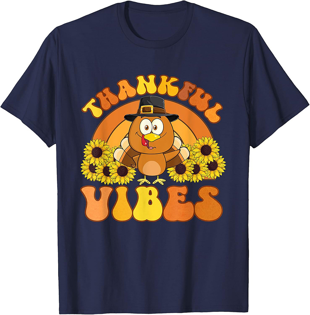 Retro Thankful Vibes Autumn Groovy Thanksgiving Turkey T-Shirt