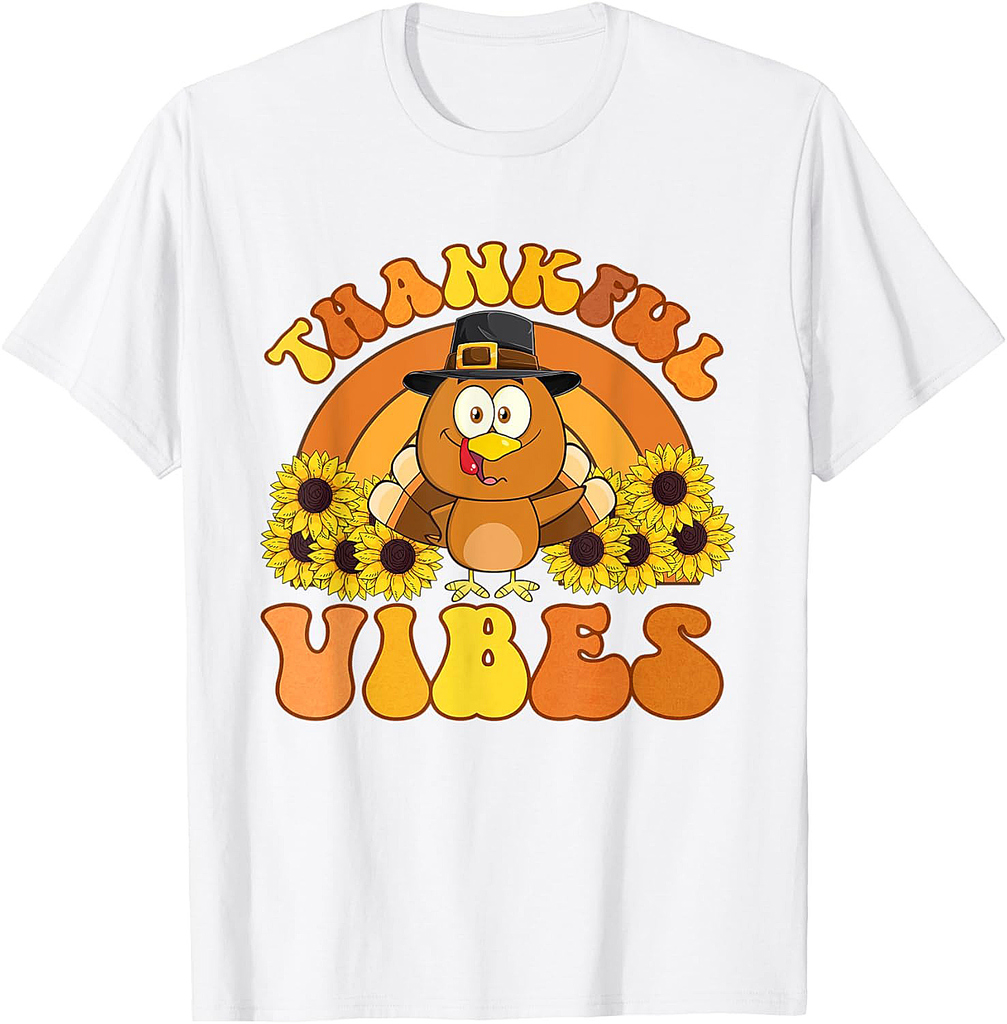 Retro Thankful Vibes Autumn Groovy Thanksgiving Turkey T-Shirt