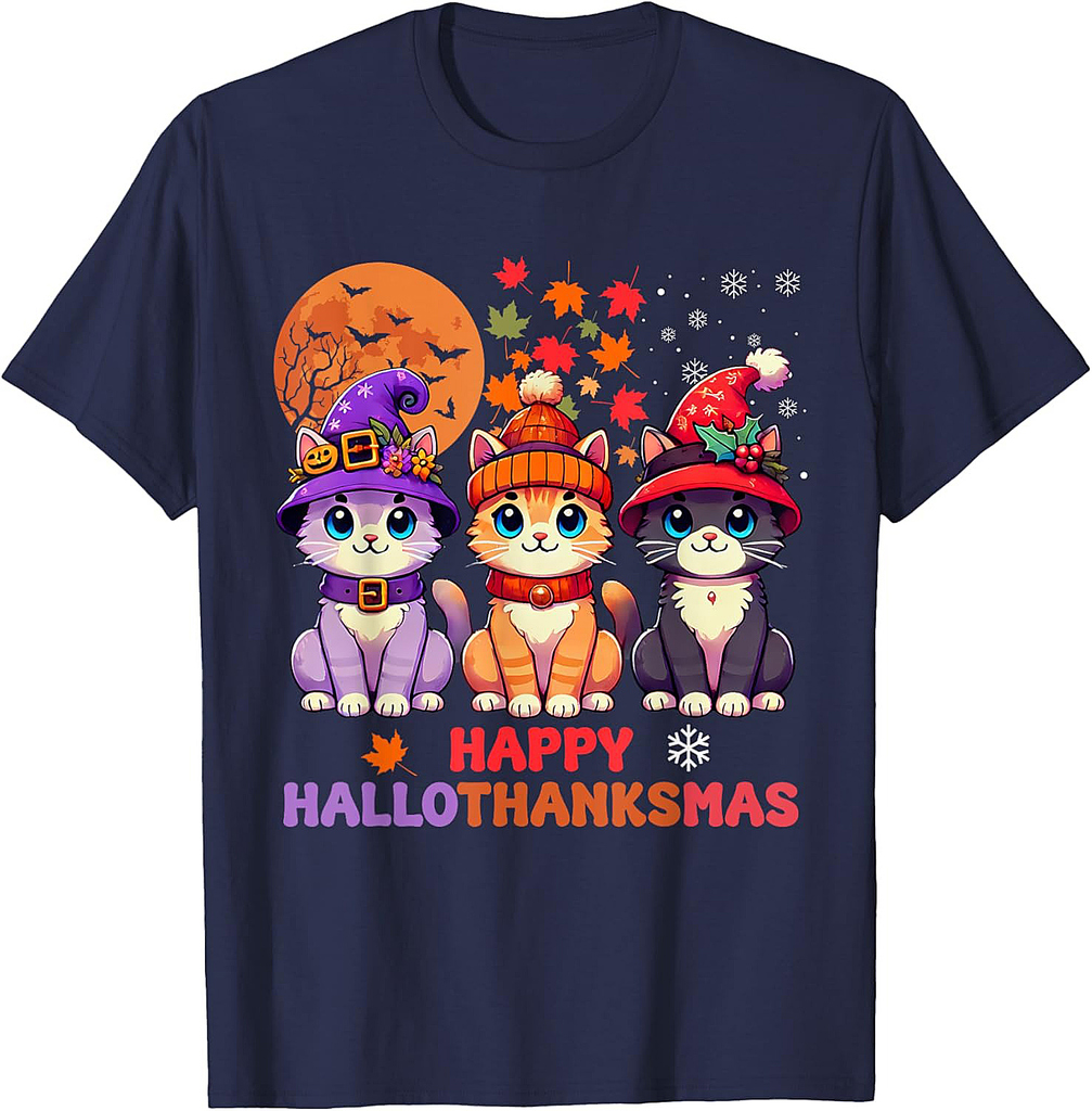Halloween Thanksgiving Christmas Happy HalloThanksMas Cats T-Shirt