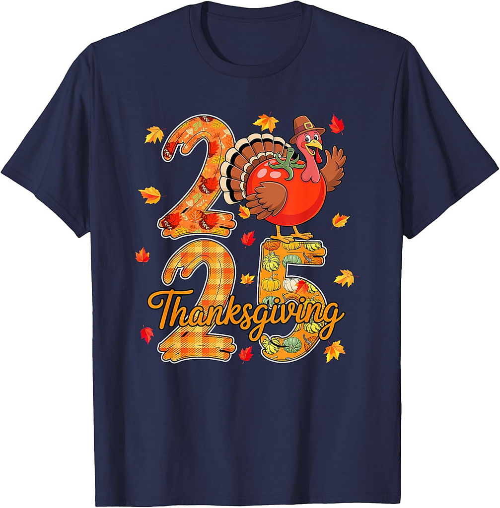 Thanksgiving 2025 Cute Turkey As Tomato Vegan Fall Leaves T-Shirt