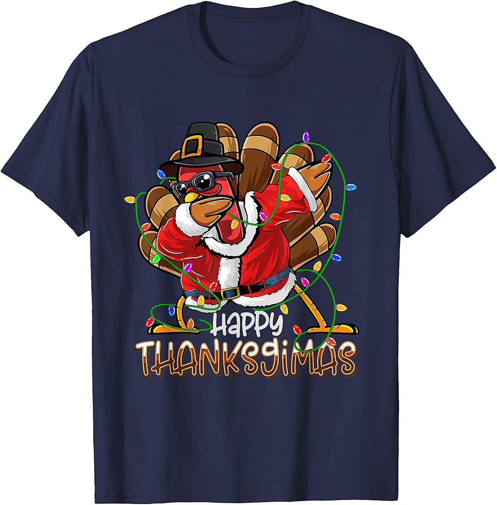 Dabbing Turkey Lights Thanksgimas Thanksgiving Christmas T-Shirt