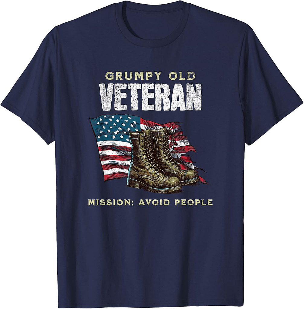 Funny Grumpy Old Vet for Military w/American Flag and Boots T-Shirt