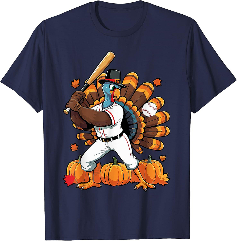 Turkey Playing Baseball Thanksgiving Baseball Player Boy Men T-Shirt