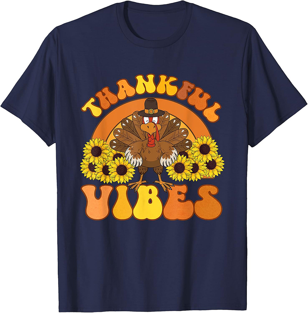 Thankful Vibes Thanksgiving Turkey Family Retro Groovy T-Shirt