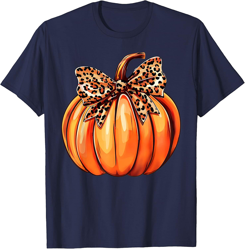 Coquette Bow Leopard Pumpkin Thanksgiving Rustic Fall Women T-Shirt
