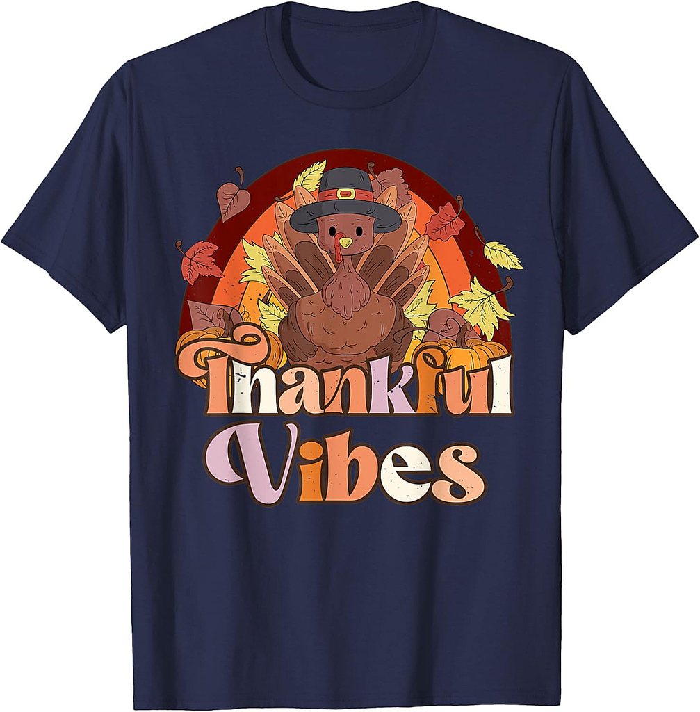 Retro Groovy Thankful Vibes Cute Turkey Fall Thanksgiving T-Shirt
