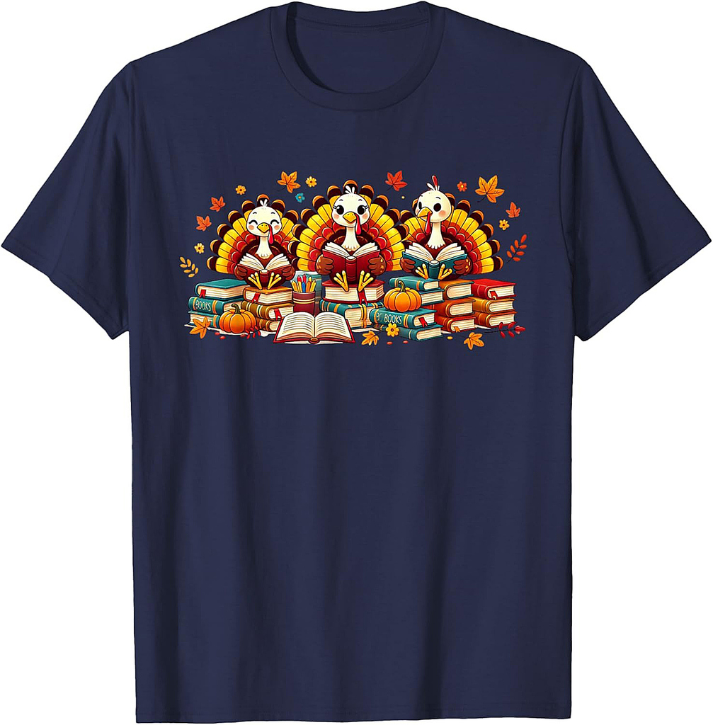Turkey Reading Books Fall Thanksgiving Teacher Book Lovers 01 T-Shirt