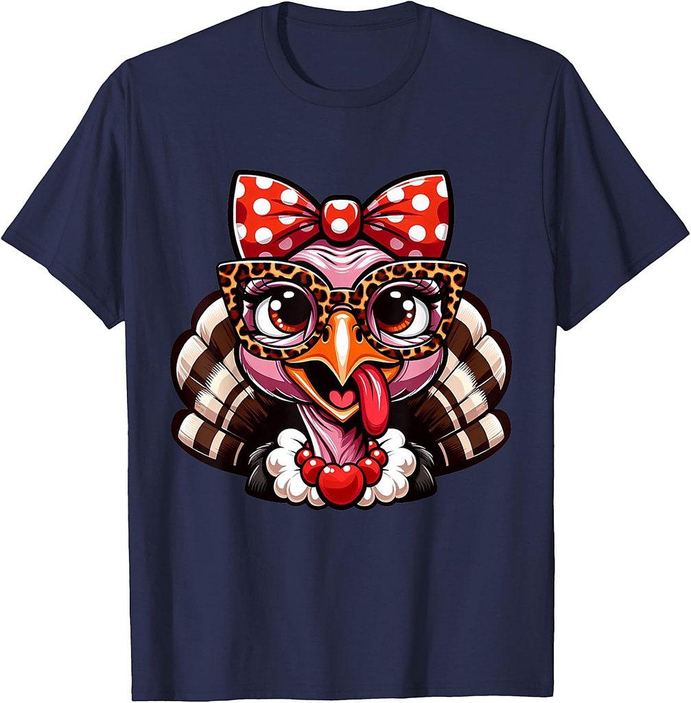 Thanksgiving Turkey Face Leopard Print Glasses Women T-Shirt