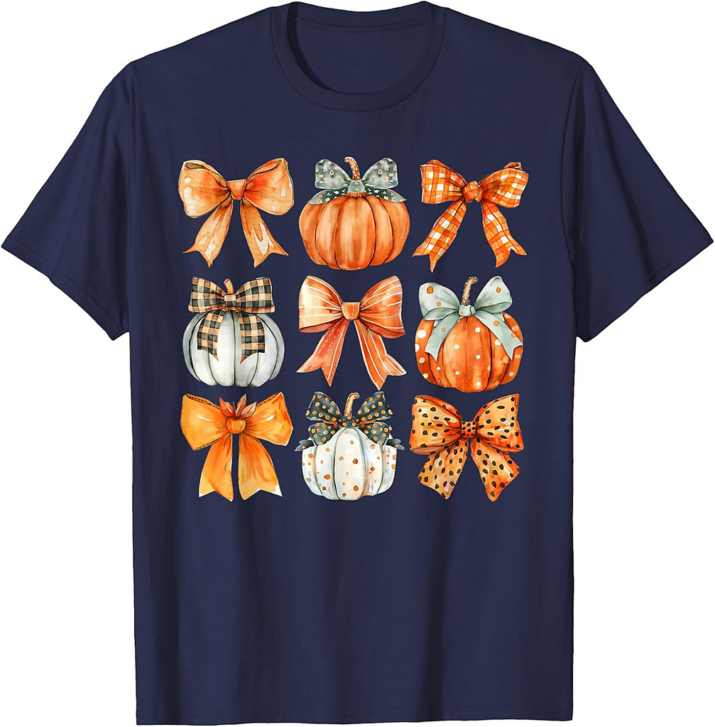Coquette Bow Pumpkin Season Thanksgiving Autumn Fall Leaves T-Shirt