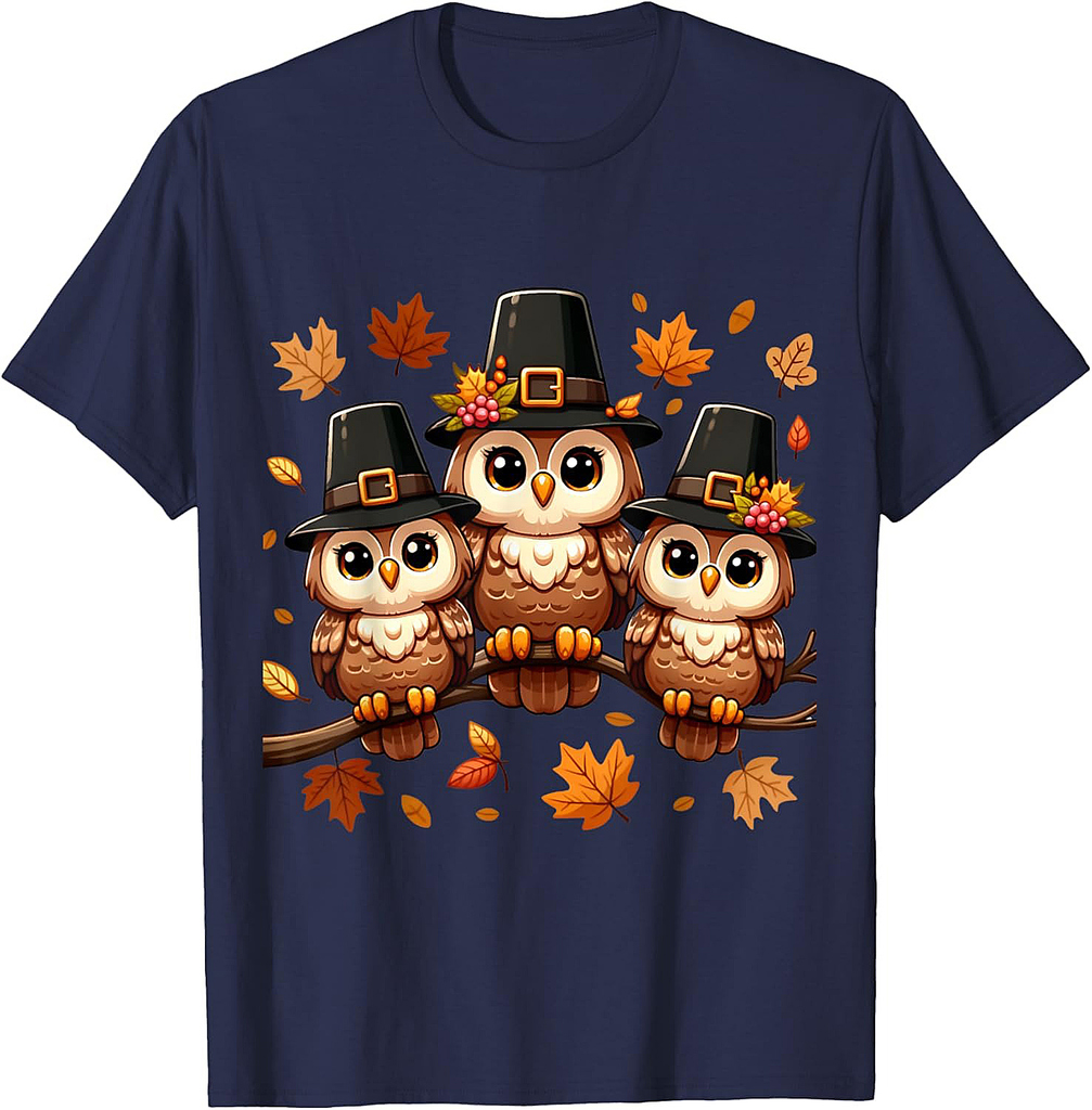 Pilgrim Owls on Autumn Perch Thanksgiving T-Shirt