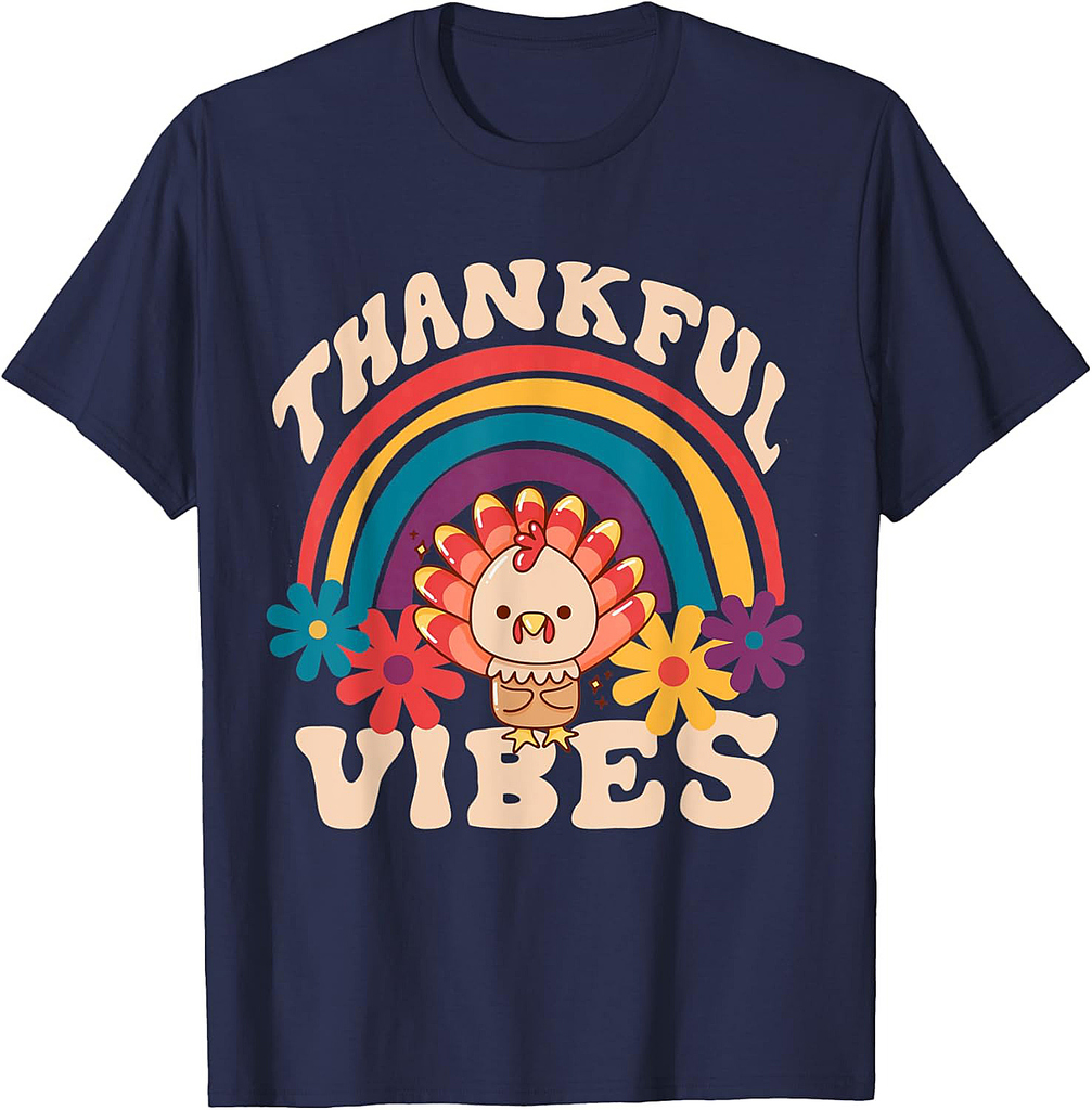 Retro Groovy Thankful Vibes Turkey Fall Funny Thanksgiving T-Shirt