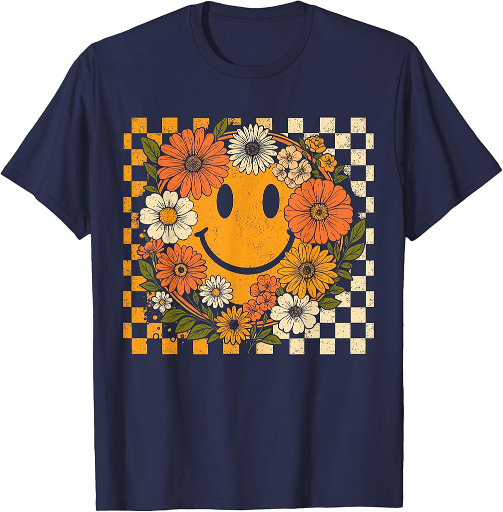 Floral Fall Checkered Smile Face Halloween Thanksgiving 2025 T-Shirt