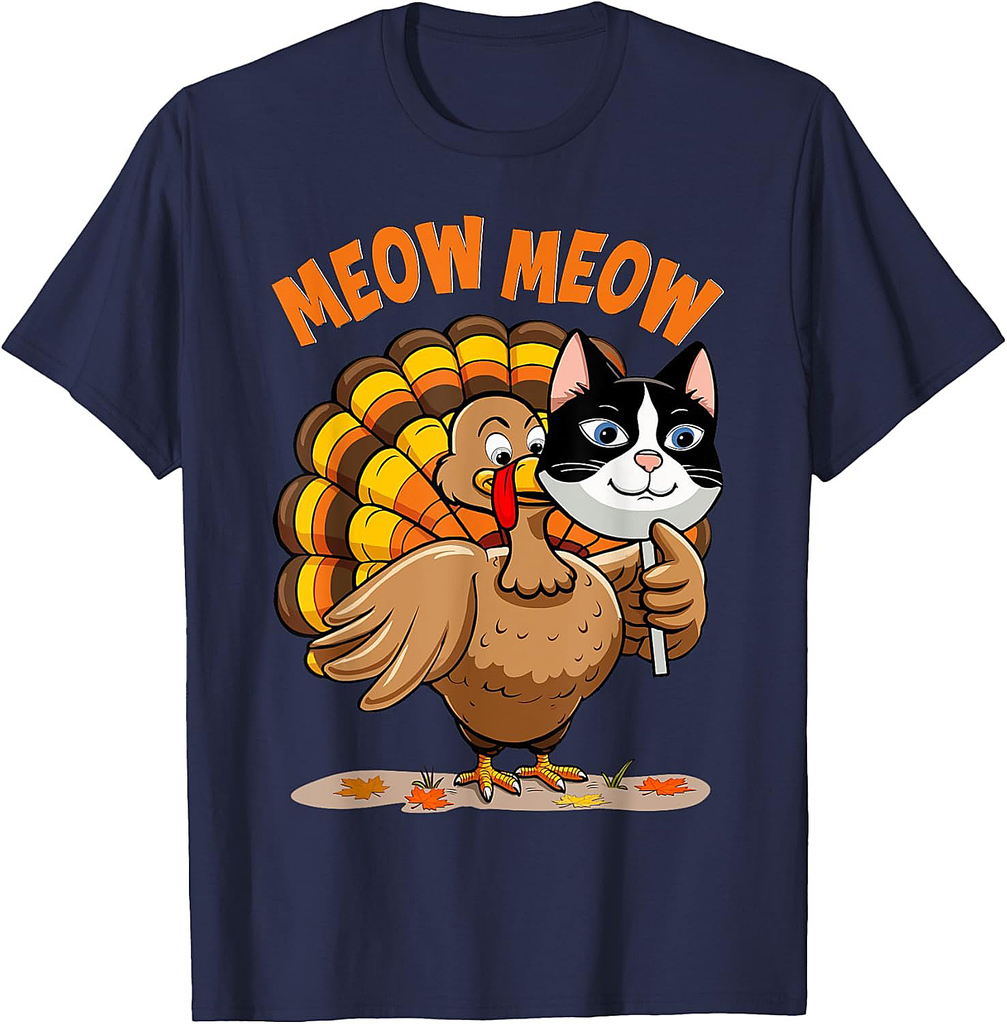 Funny Thanksgiving Funny Turkey Cat Meow T-Shirt for Men Women