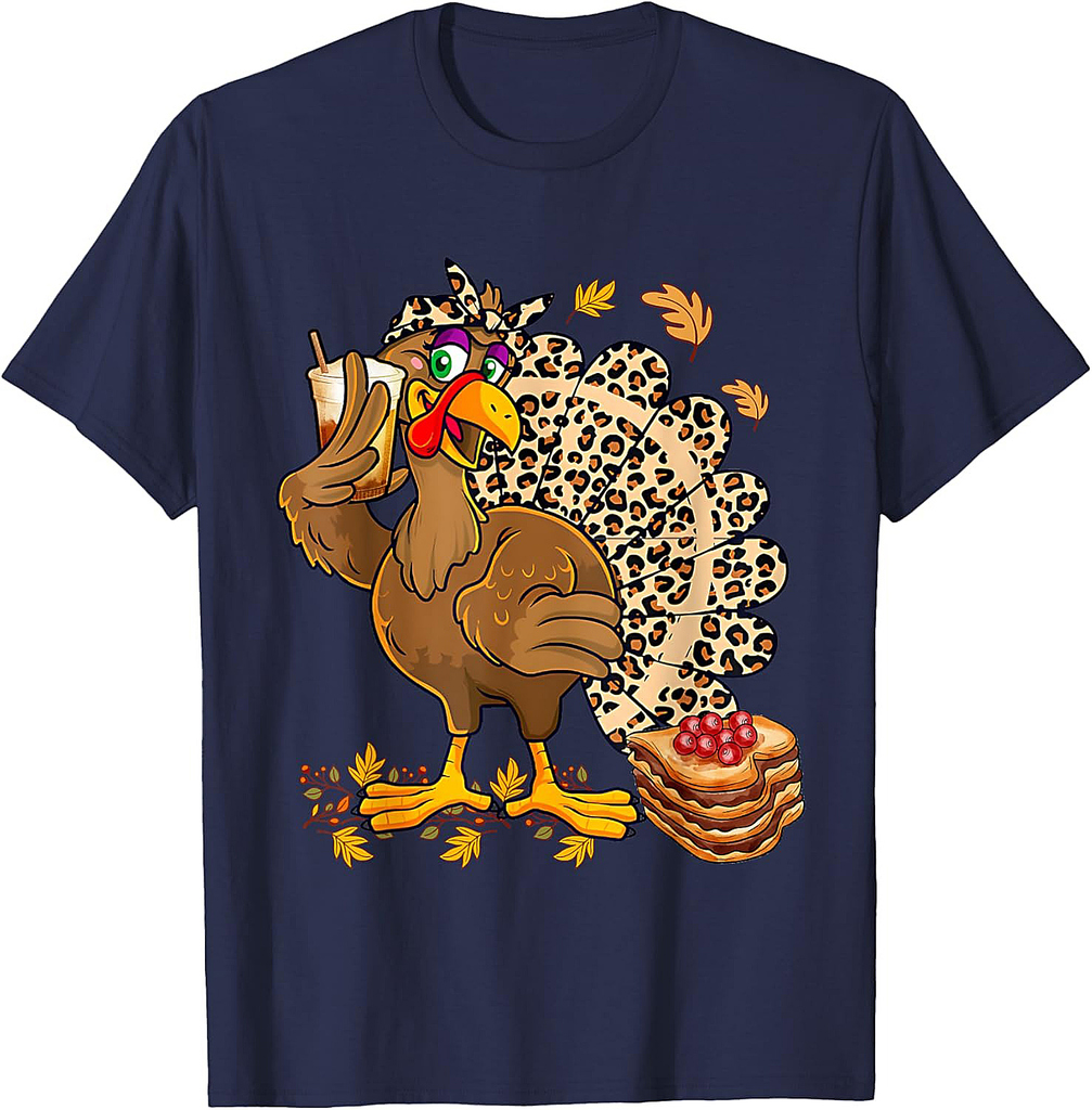 Turkey Drinking Coffee Bow Thanksgiving Womens Turkey Day T-Shirt