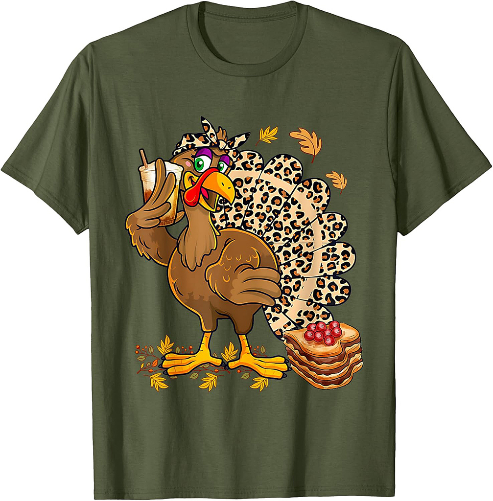 Turkey Drinking Coffee Bow Thanksgiving Womens Turkey Day T-Shirt