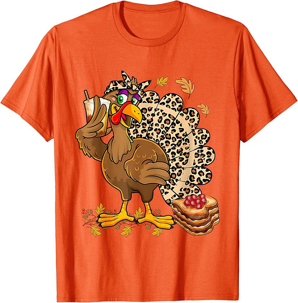 Turkey Drinking Coffee Bow Thanksgiving Womens Turkey Day T-Shirt