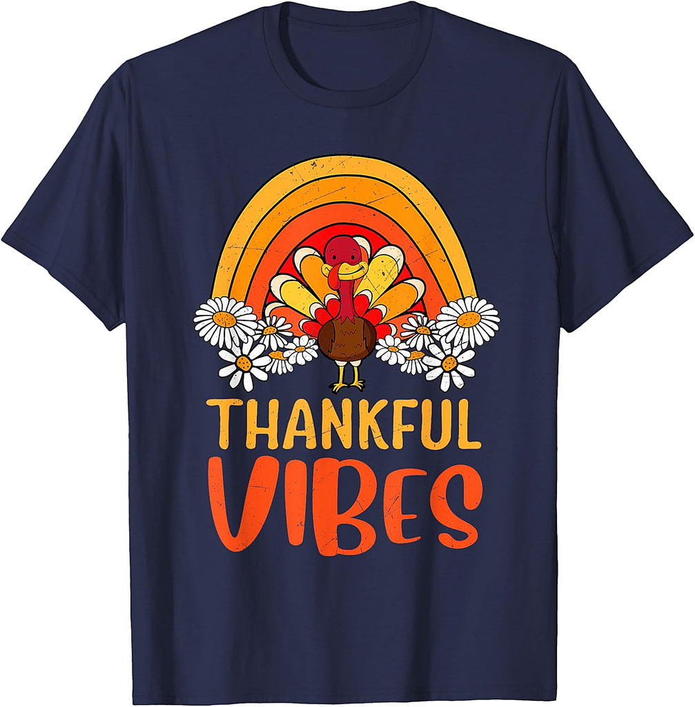 Thankful Vibes Turkey Retro Groovy Thanksgiving Rainbow T-Shirt