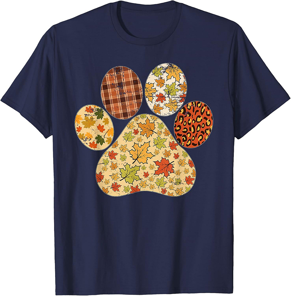 Leopard Thanksgiving Leaves Dog Paw Lover Thanksgiving Women T-Shirt