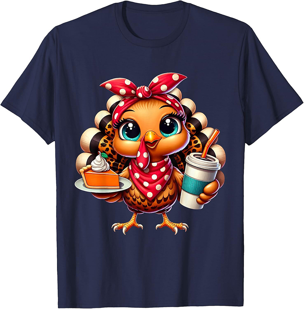 Turkey Drinking Ice Coffee Bow Thanksgiving Women Turkey Day T-Shirt