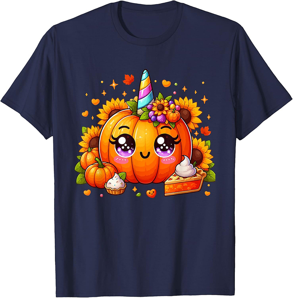Floral Pumpkin As Unicorn Face Thanksgiving Matching T-Shirt