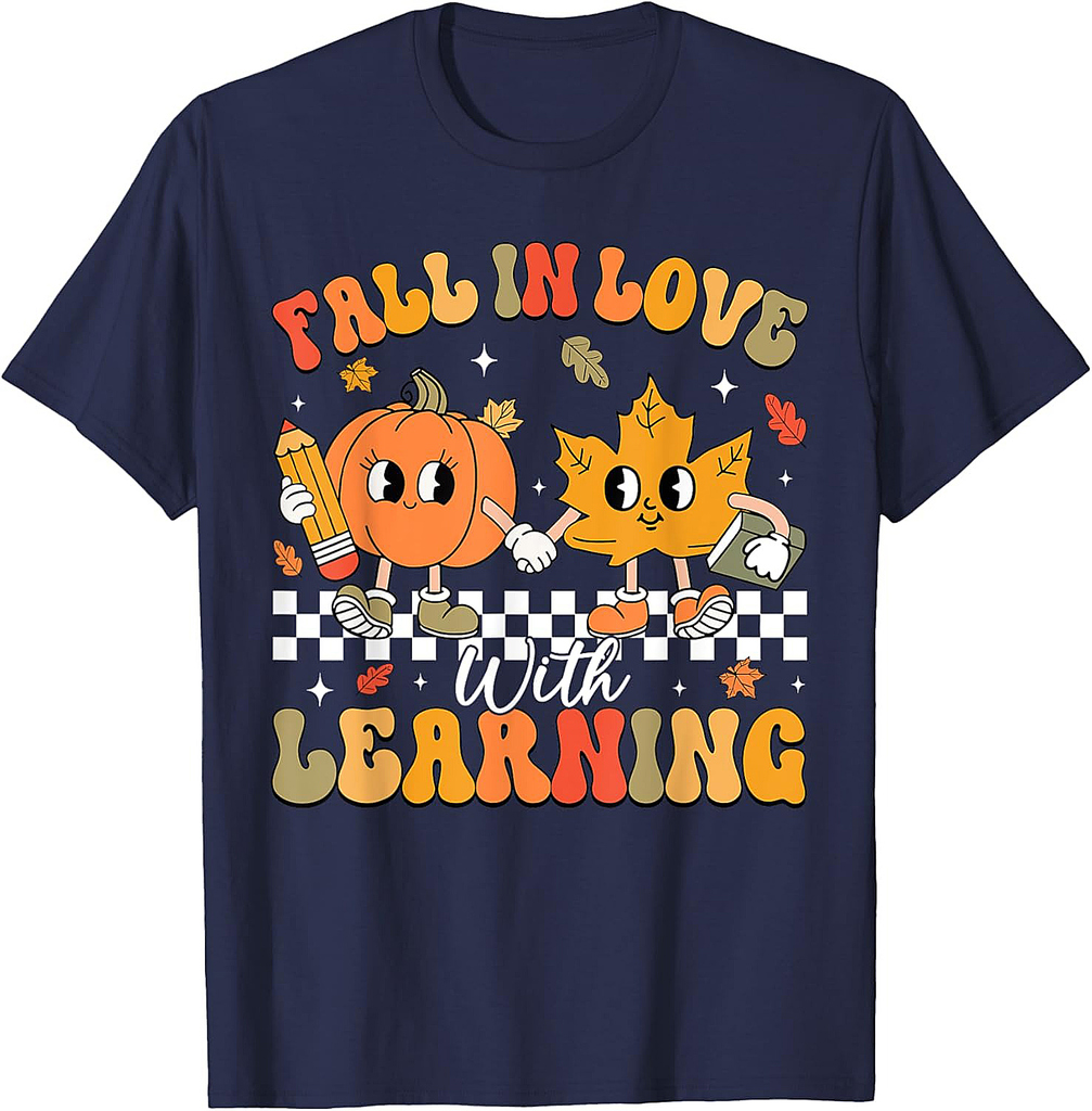 Retro Fall In Love With Learning Autumn Pumpkin Teacher T-Shirt