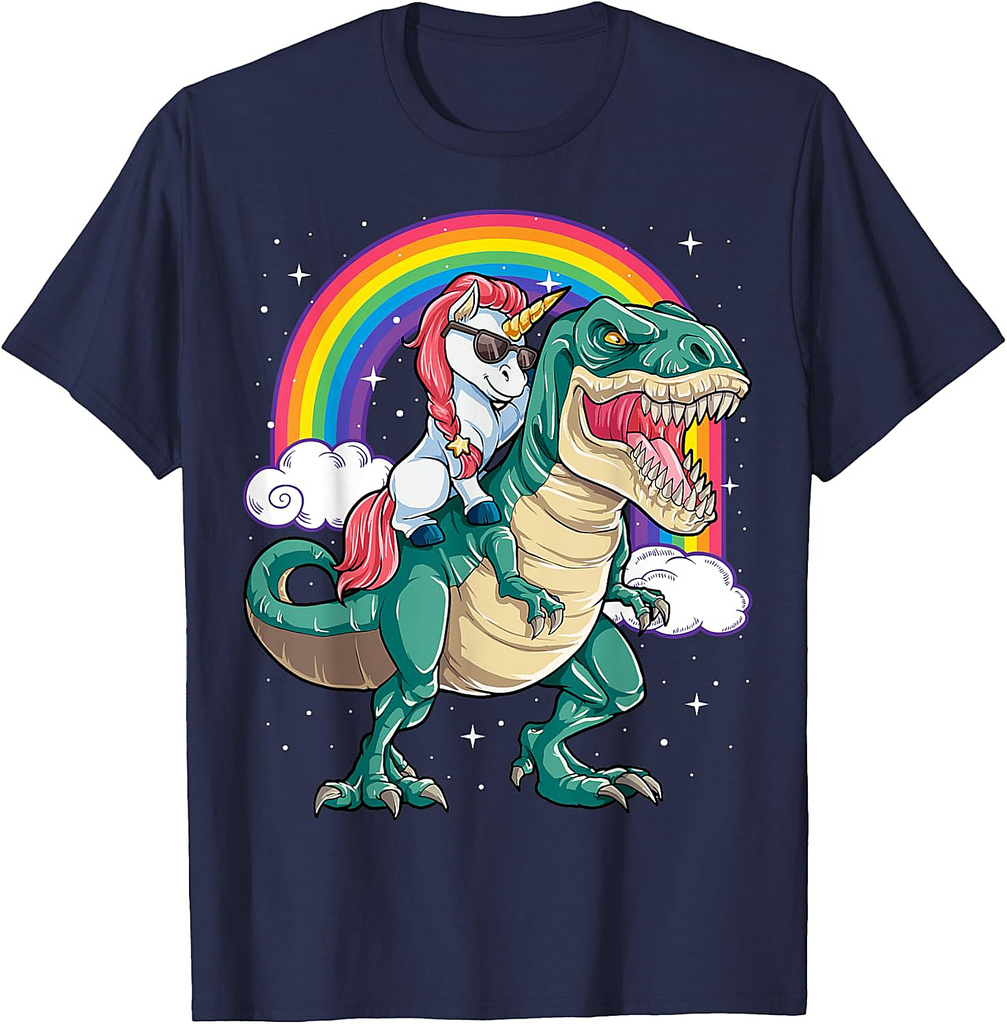 Unicorn Riding T rex Dinosaur Boys Girls Men Women Rainbow Thanksgiving T-Shirt