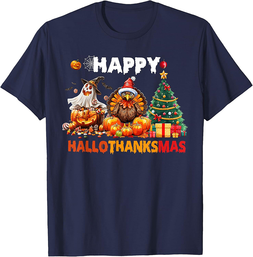 Retro Halloween Thanksgiving Christmas Happy HalloThanksMas T-Shirt