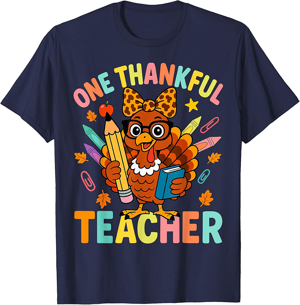Cute Crayon Pencil One Thankful Teacher Thanksgiving Turkey T-Shirt