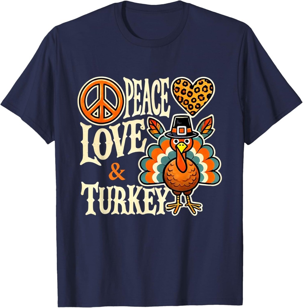 Peace Love Turkey Pilgrim Leopard Print Thanksgiving T-Shirt