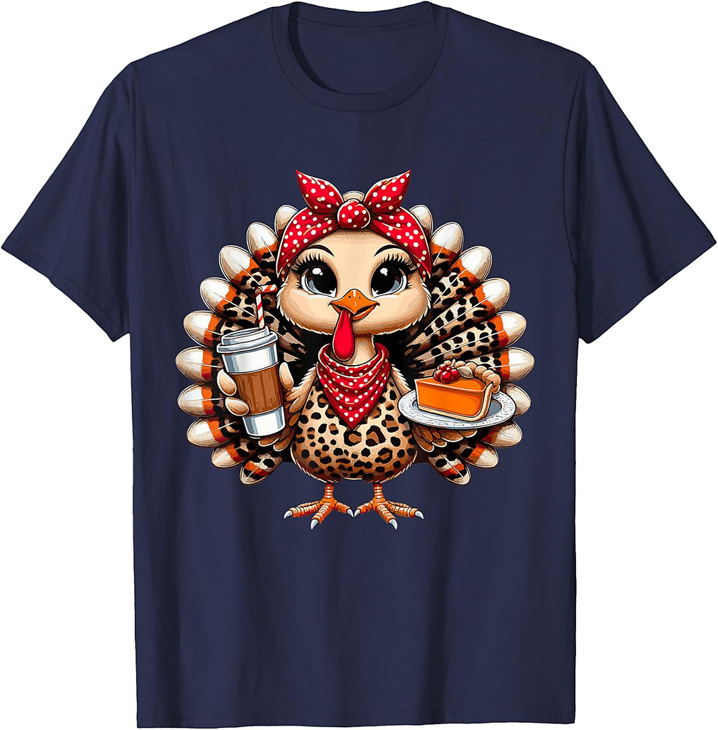 Turkey Drinking Ice Coffee Bow Thanksgiving Women Turkey Day T-Shirt