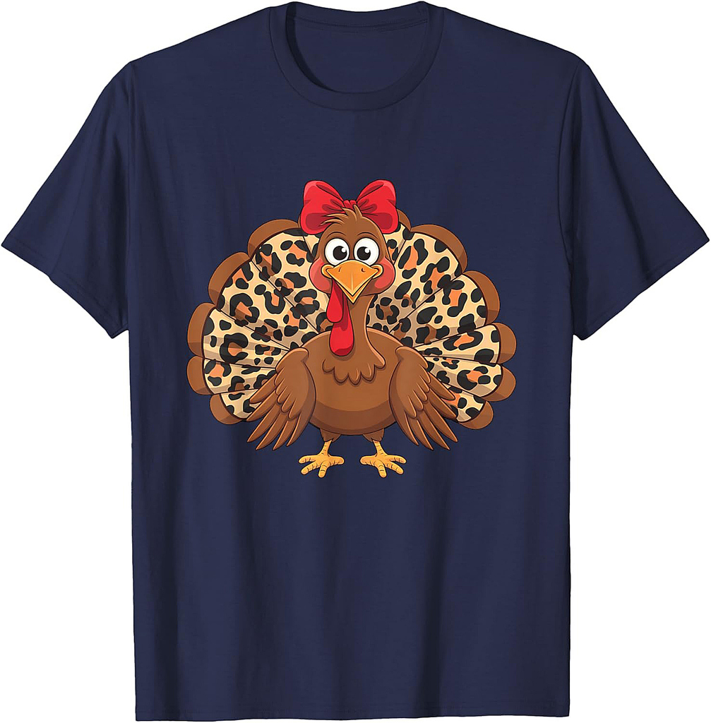 Womens Girls Thanksgiving Leopard Turkey Autumn Fall Season T-Shirt