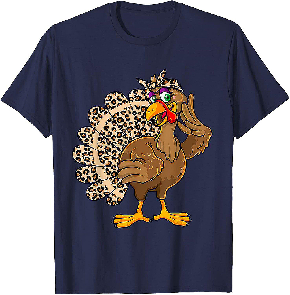 Thanksgiving Turkey Women Girl Leopard Print Autumn Fall T-Shirt